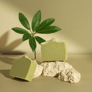 Natural green soap bars on stone with a leafy plant, minimalist skincare product display